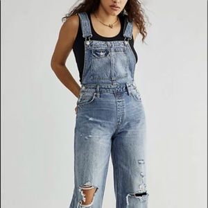 Free People Crvy Denim Destroyed Overall Slouchy Stone Washed Adjustable Straps